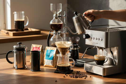 A variety of specialty coffee brewing techniques displayed with modern equipment and ethically sourced beans