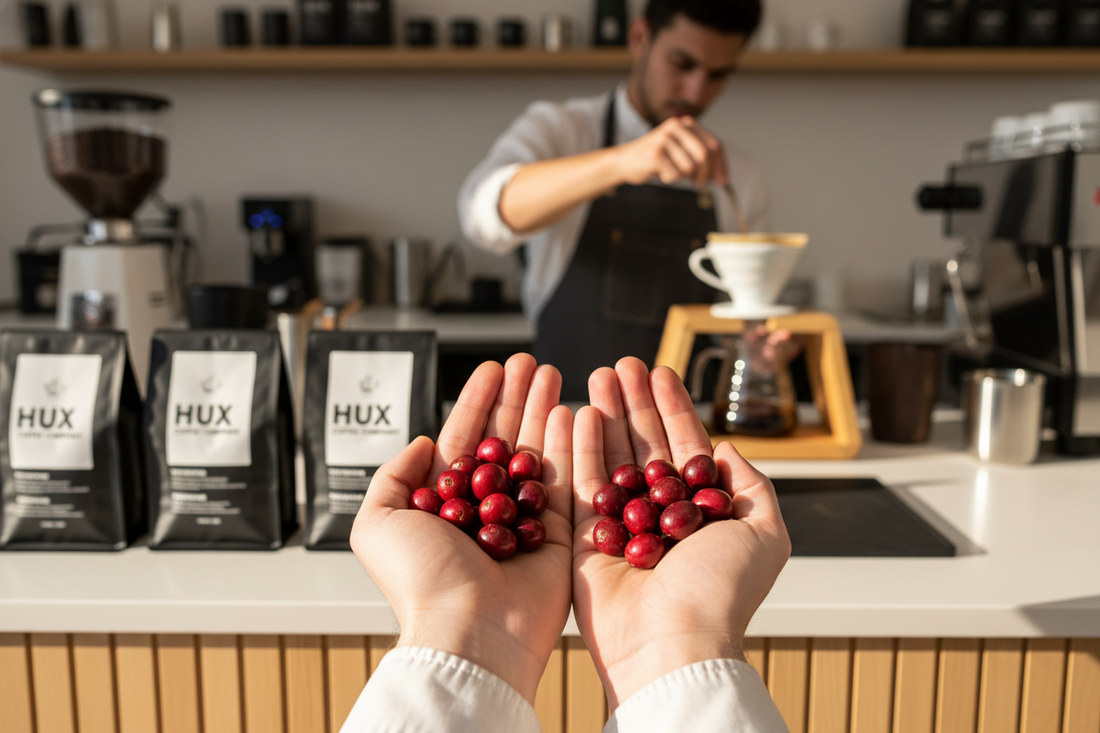 Barista comparing arabica vs robusta differences with fresh coffee cherries in a specialty café setting
