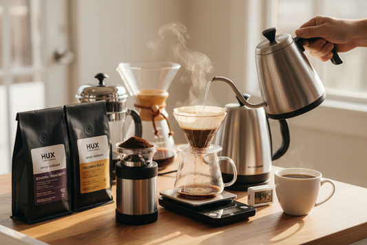 Pour-over setup and fresh beans showcase specialty coffee brewing techniques for rich, ethical coffee experiences