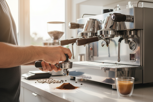 Barista using specialty coffee brewing techniques with fresh grounds and espresso machine for rich flavor