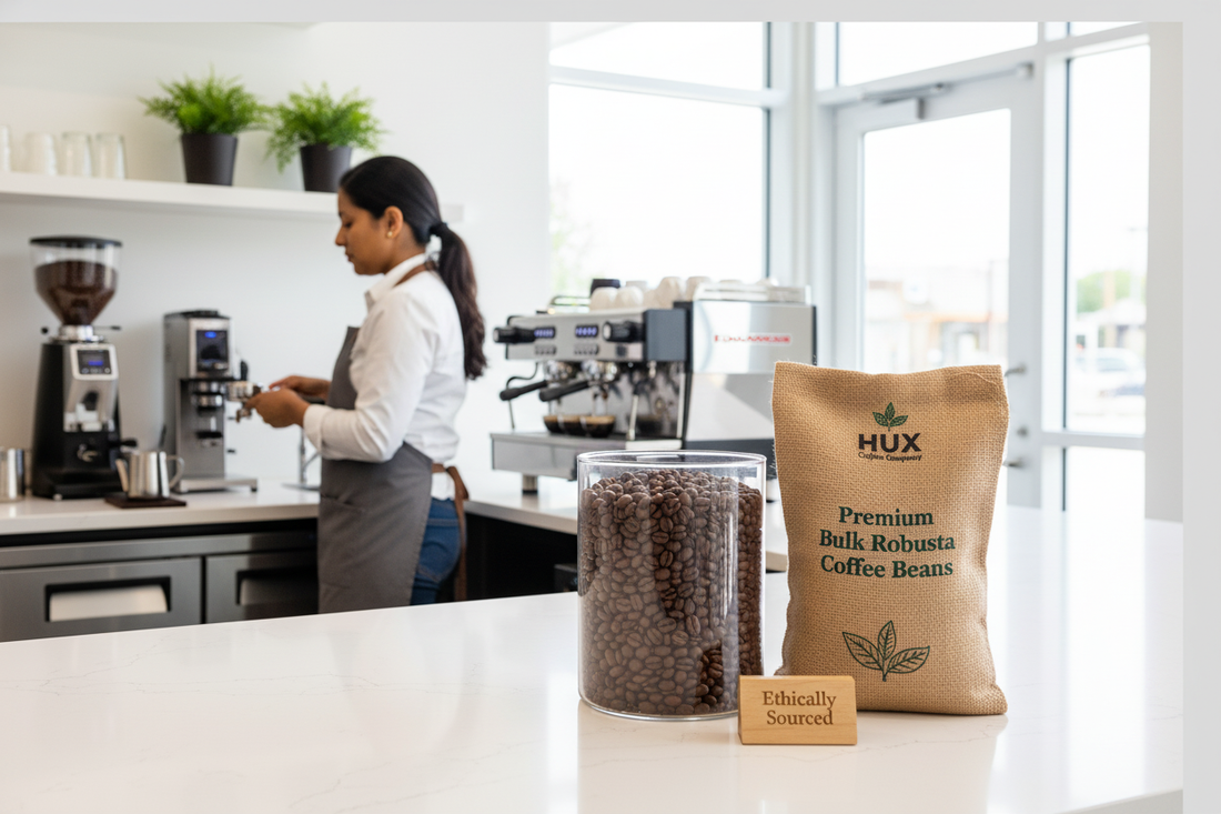 Barista preparing coffee with ethically sourced bulk robusta coffee beans in a modern café setting