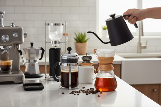 Various specialty coffee brewing methods showcased for coffee enthusiasts and ethical shoppers to explore at home