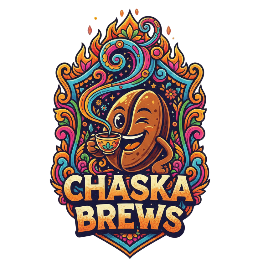 Colorful logo for 'Chaska Brews' featuring a coffee bean with a smiley face on a beige background.