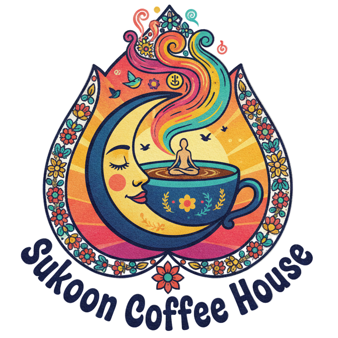Colorful logo for Sukoon Coffee House with a cup, moon, and flowers on a beige background