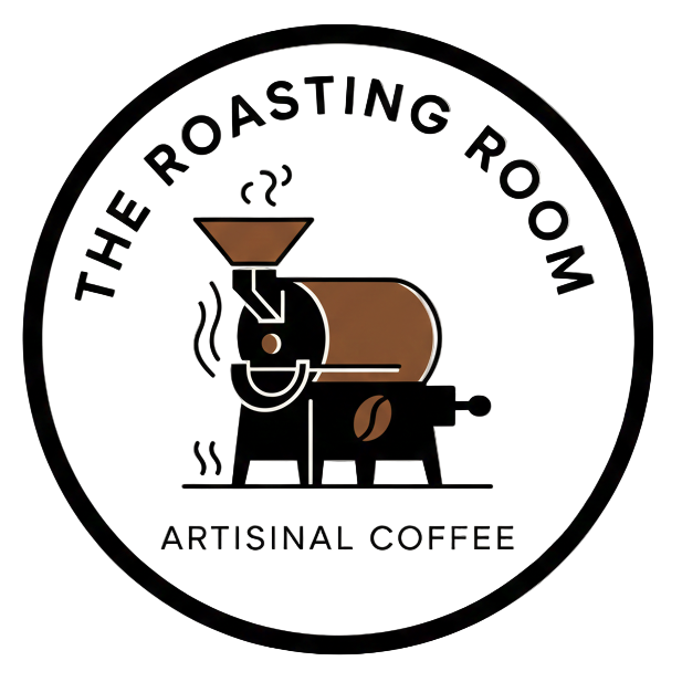 Logo of The Roasting Room with a roasting machine illustration on a beige background
