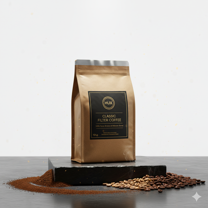 HUX coffee package with scattered coffee beans on a gray surface