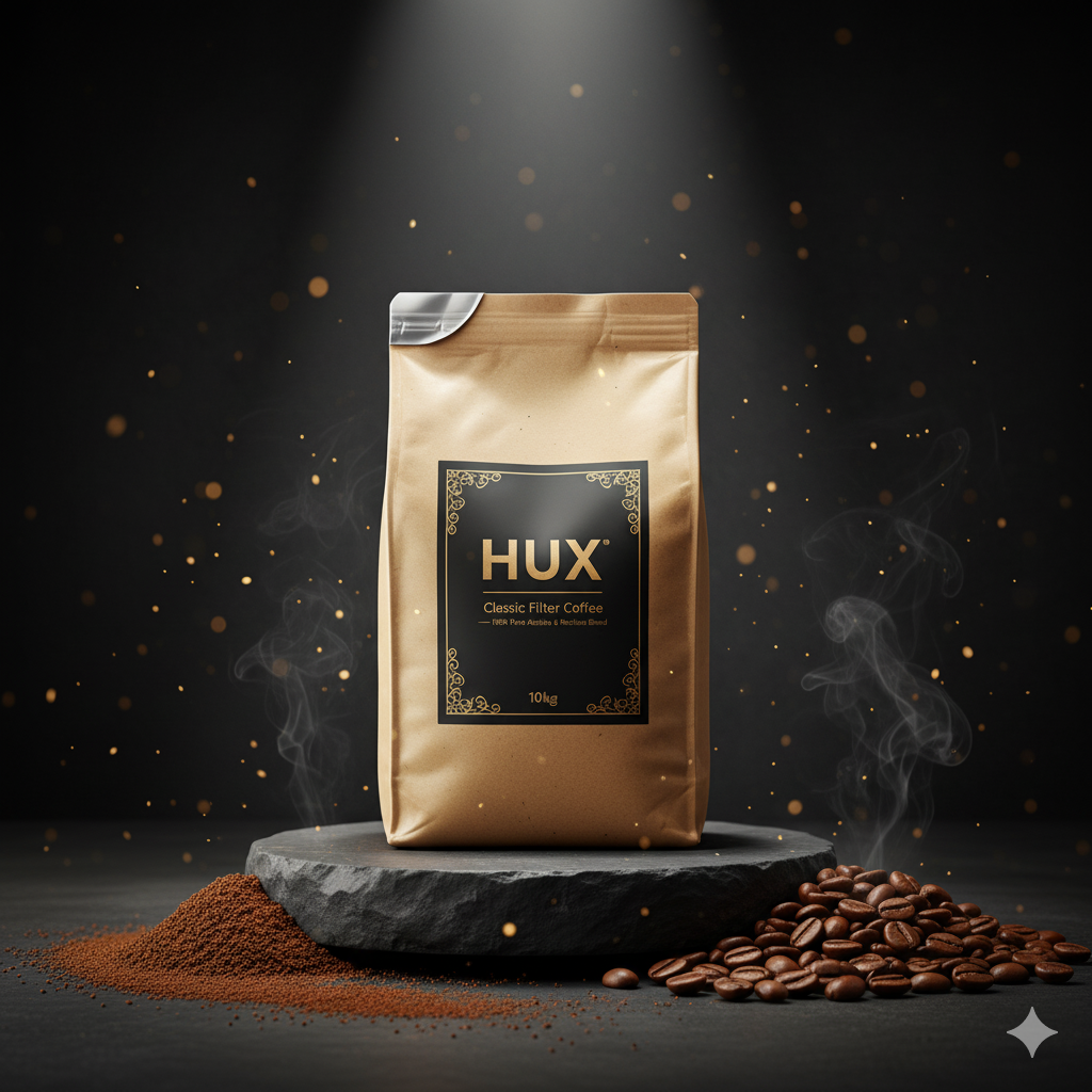Gold coffee bag labeled 'HUX' with coffee beans and grounds on a dark background