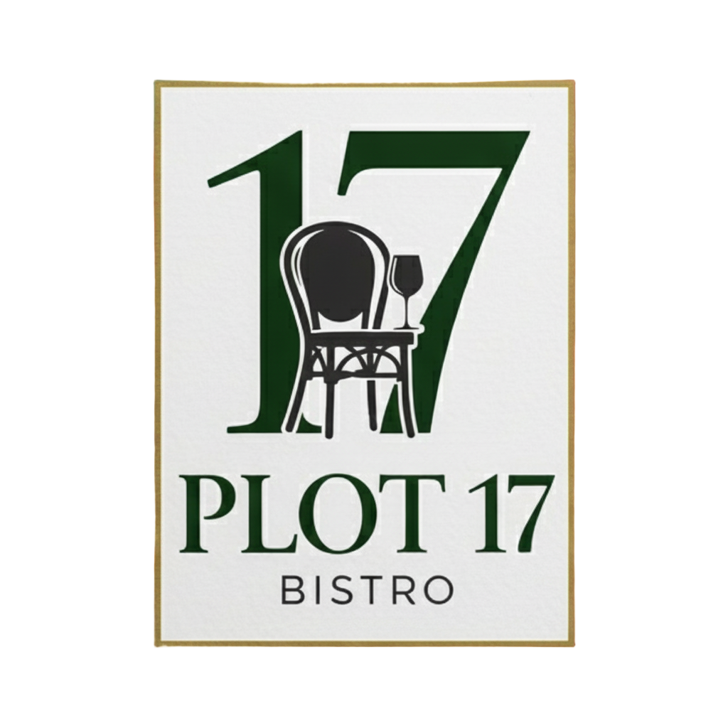 Logo for Plot 17 Bistro with a chair and number 17 design on a white background bu hux coffee company